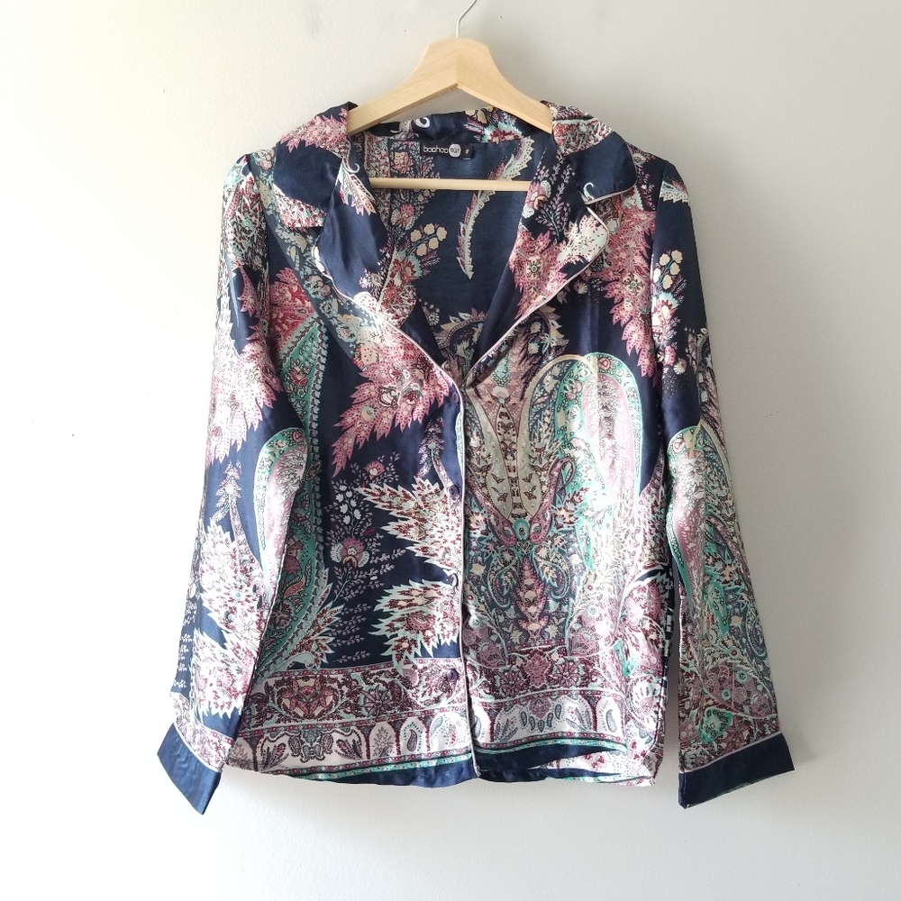 Boohoo Night Satin Pajama Paisley Print Top